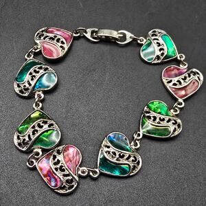 Colorful Paua Shell Heart Bracelet Silver Tone Costume Jewelry